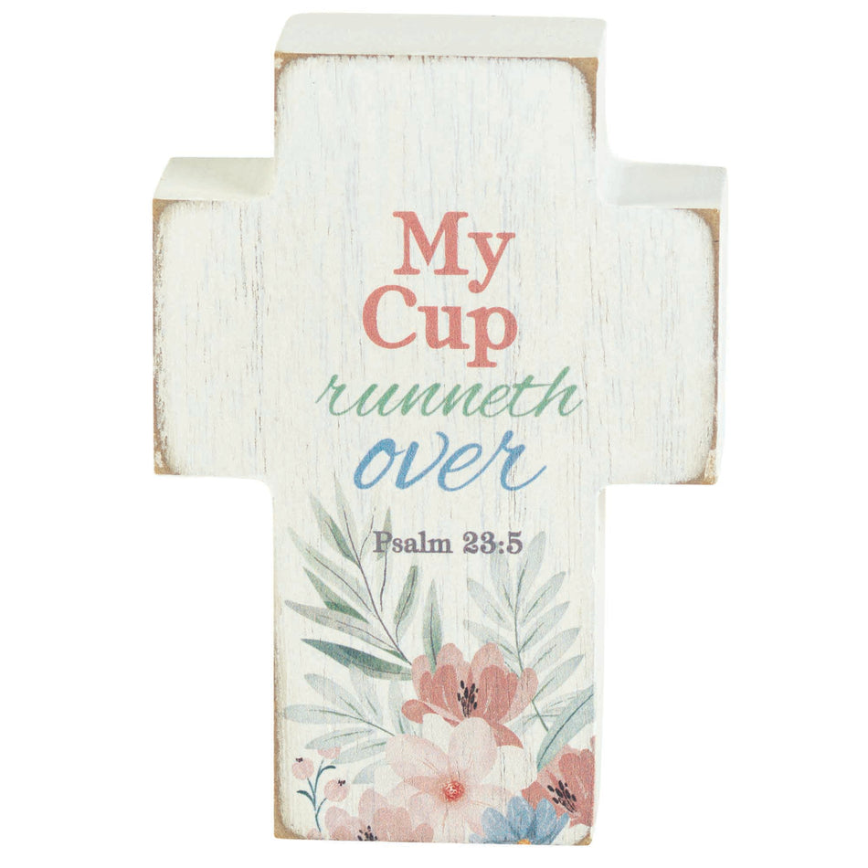 My Cup Runneth Over Floral Design Distressed Finish White 4 x 2.75 MDF Tabletop by Dicksons, product view 2