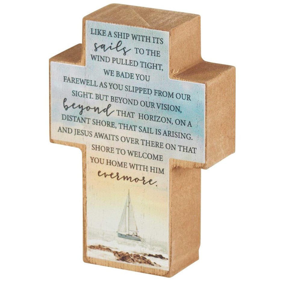Like A Ship Wind Pulled Tight Bereavement 4 inch Wood Table Top Cross by Dicksons