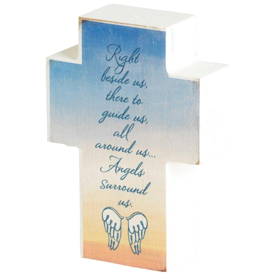 Right Beside Us Guide Angels Blue 4 inch MDF Table Top Cross by Dicksons