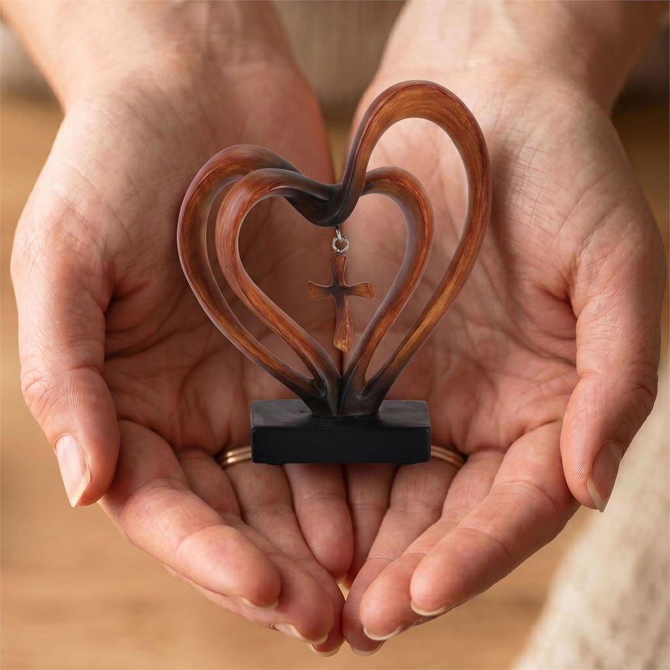 Entwined Heart Cross Figurine Wood 4.5" by Dicksons, product view 2