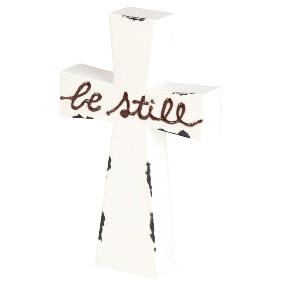 Be Still Distressed White Enamel Look 7 inch MDF Tabletop Cross by Dicksons