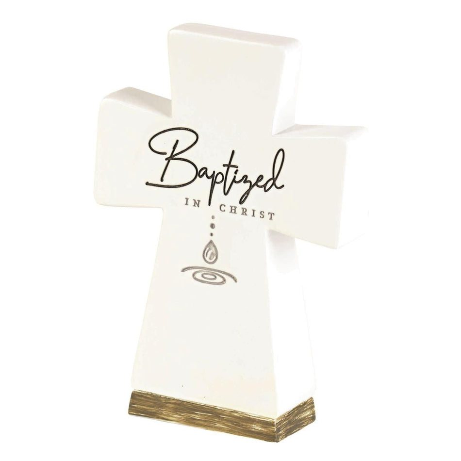 Baptized Encouraging Verse Woodgrain Base Engraved Decorative White 6 x 3 Resin by Dicksons
