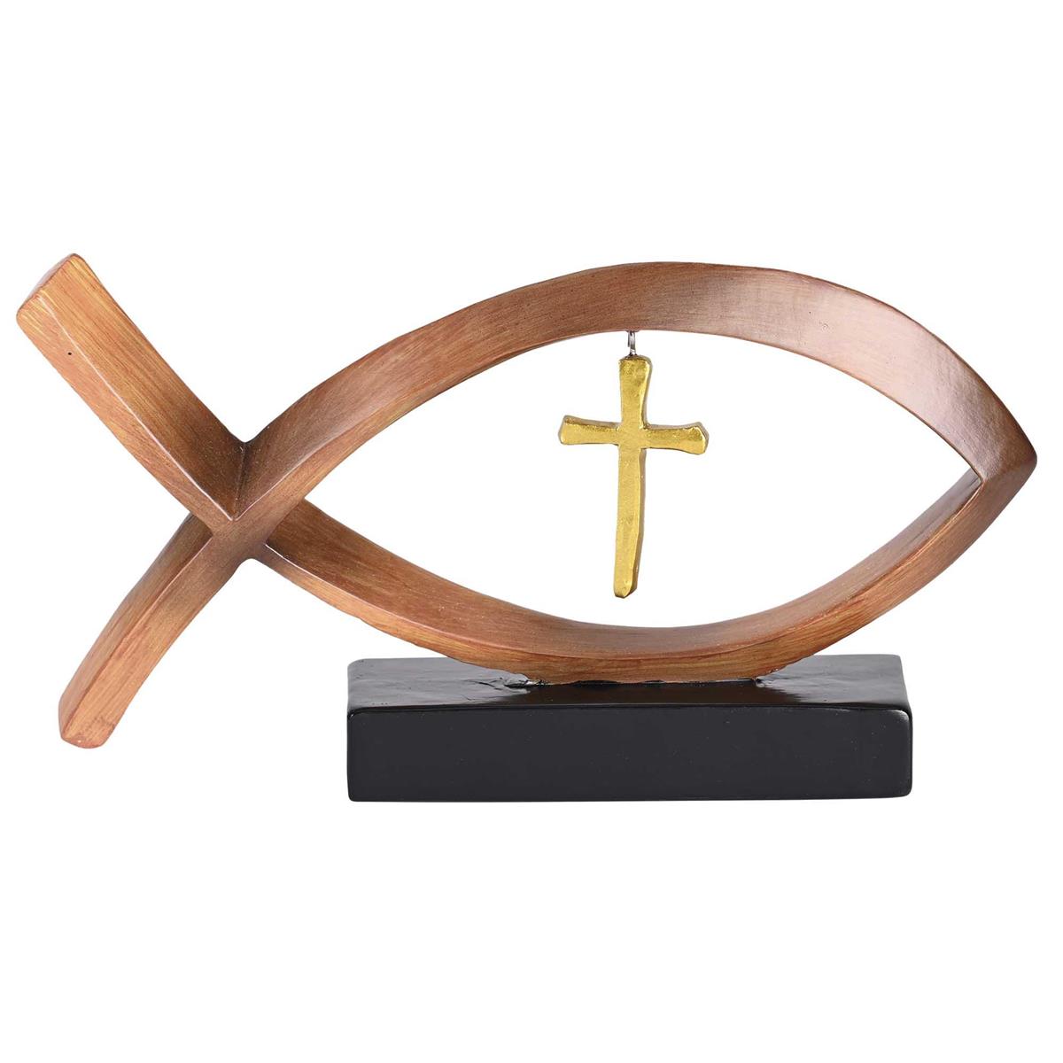 Ichthys Ichthus Jesus Fish Dangle Cross - 8 x 4 Inch Brown and Black Resin by Dicksons, product view 3