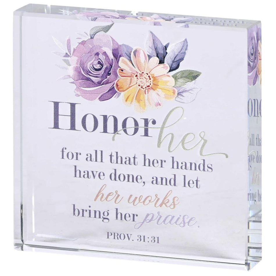 Tabletop Glass Plaque Honor Her 3X3 by Dicksons