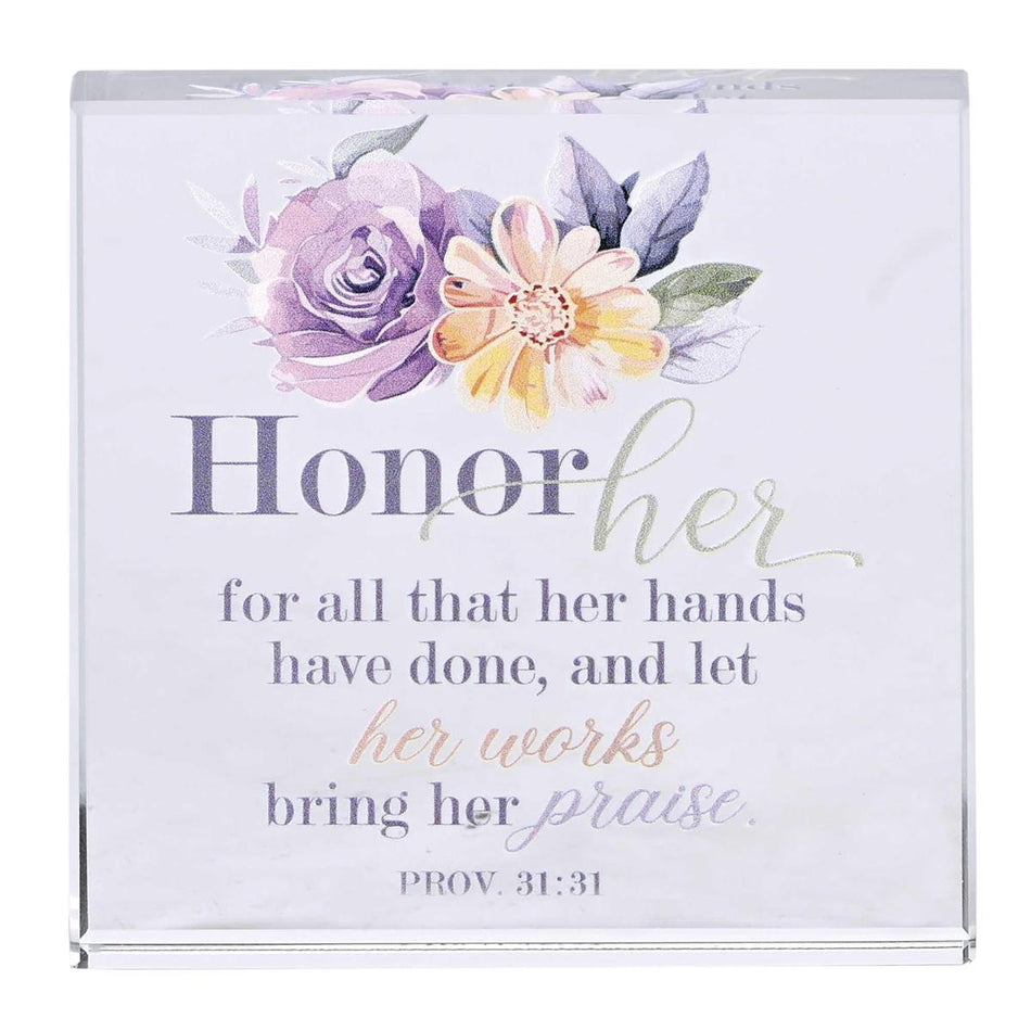 Tabletop Glass Plaque Honor Her 3X3 by Dicksons, product view 2