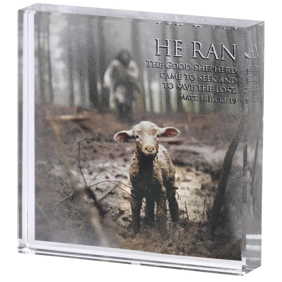 Tabletop Glass Plaque Lamb He Ran 3x3 by Dicksons