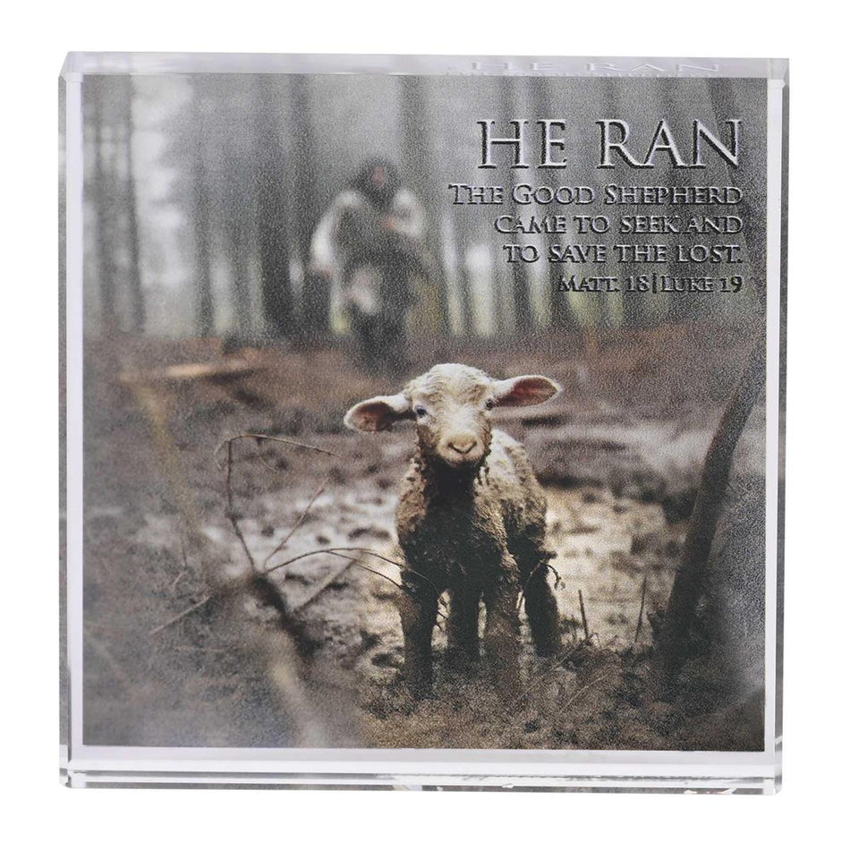 Tabletop Glass Plaque Lamb He Ran 3x3 by Dicksons, product view 2