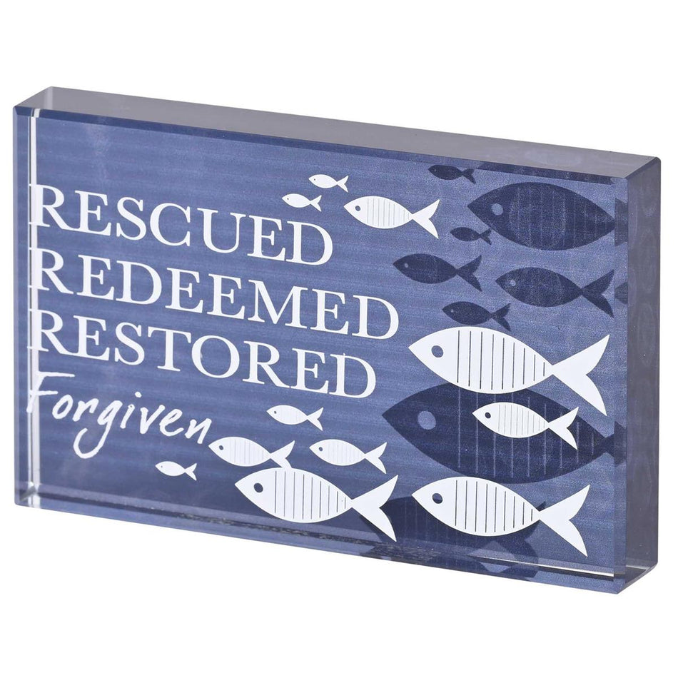 Rescued Redeemed Restored Forgiven - 4 x 2.5 Inch Blue Glass Tabletop Block Sign by Dicksons