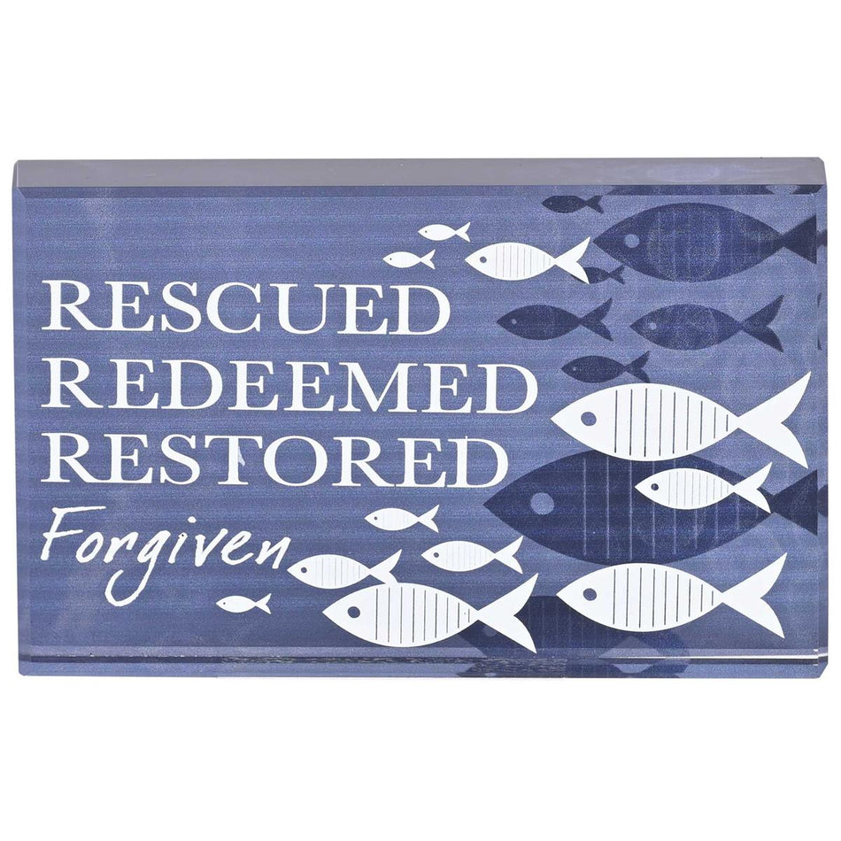 Rescued Redeemed Restored Forgiven - 4 x 2.5 Inch Blue Glass Tabletop Block Sign by Dicksons, product view 2