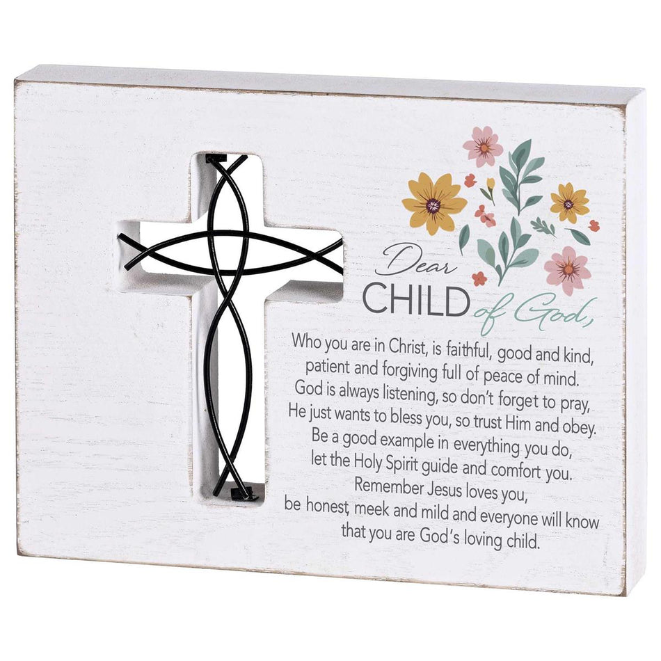 Dear Child Of God - Floral Accent - 7 x 5.5 Inch White MDF Wood and Metal Cross by Dicksons, product view 2