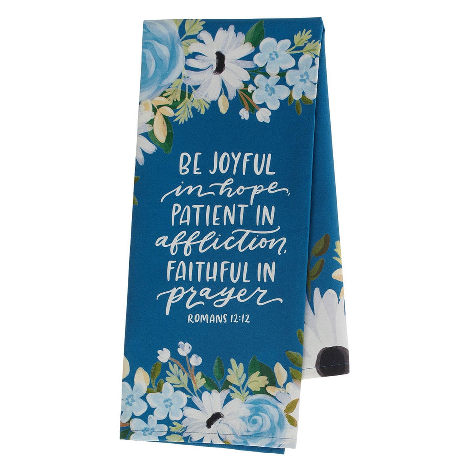 Be Joyful Blue Floral Cotton Tea Towel - Romans 12:12 by Christian Art Gifts