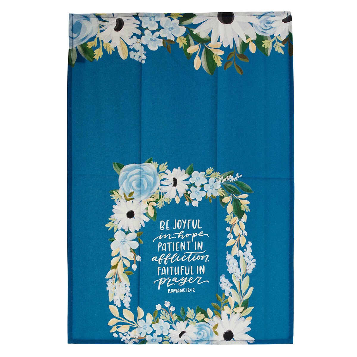 Be Joyful Blue Floral Cotton Tea Towel - Romans 12:12 by Christian Art Gifts, product view 2