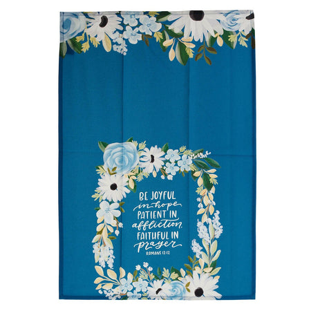 Be Joyful Blue Floral Cotton Tea Towel - Romans 12:12 by Christian Art Gifts, product view 2