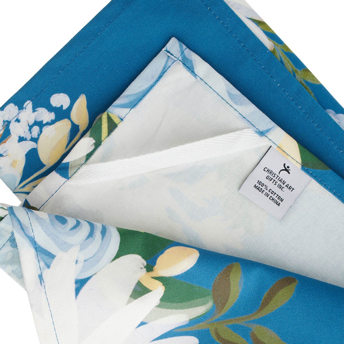 Be Joyful Blue Floral Cotton Tea Towel - Romans 12:12 by Christian Art Gifts, product view 3