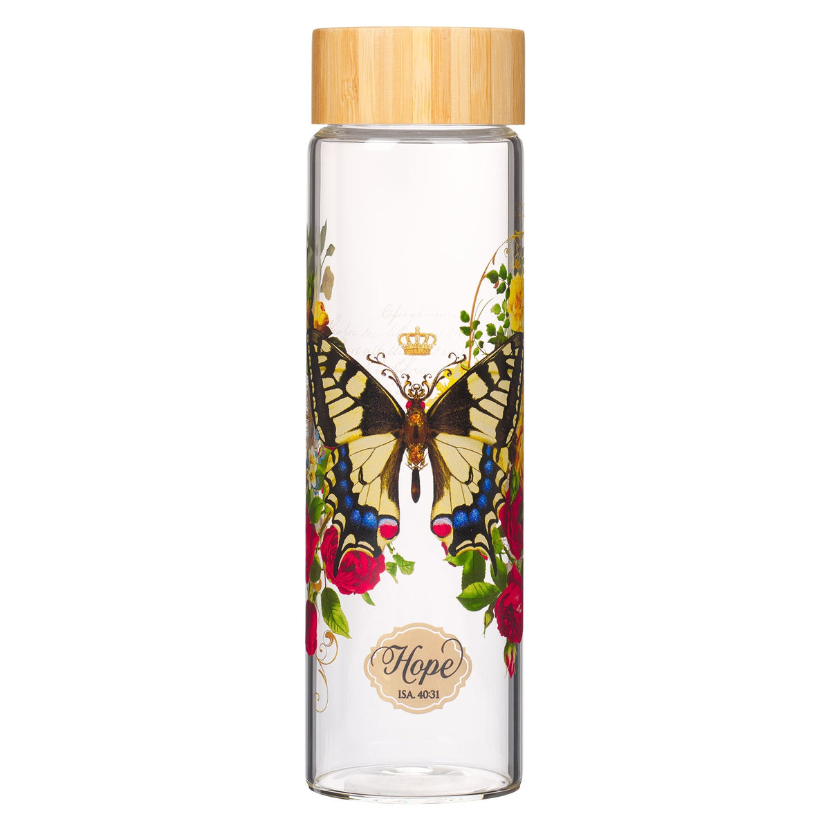 Hope Yellow Butterfly Glass Water Bottle - Isaiah 40:31 by Christian Art Gifts