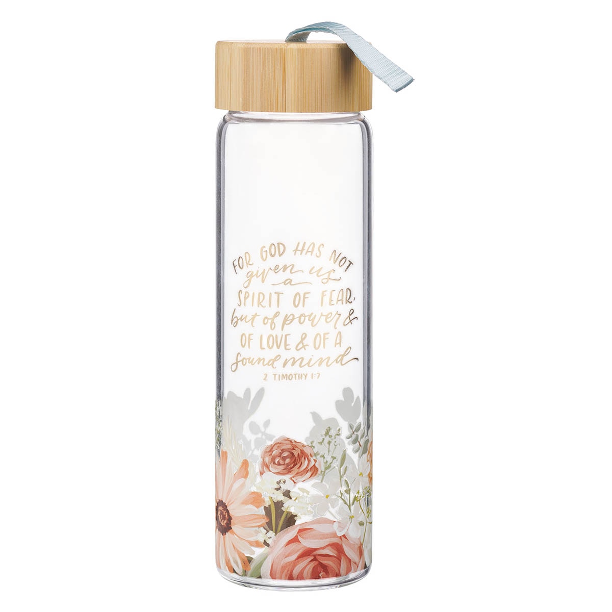 No Fear Pink Floral Glass Water Bottle with Bamboo Lid - 2 Timothy 1:7 by Christian Art Gifts