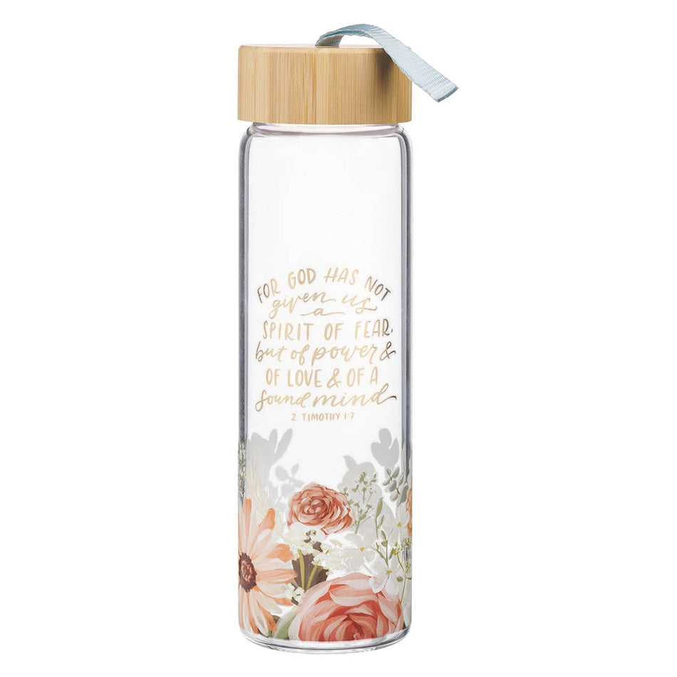 No Fear Pink Floral Glass Water Bottle with Bamboo Lid - 2 Timothy 1:7 by Christian Art Gifts
