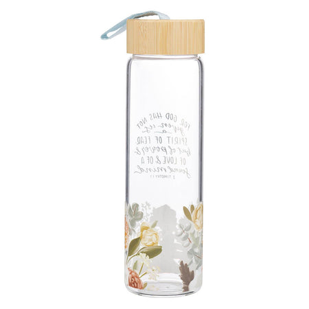 No Fear Pink Floral Glass Water Bottle with Bamboo Lid - 2 Timothy 1:7 by Christian Art Gifts, product view 2