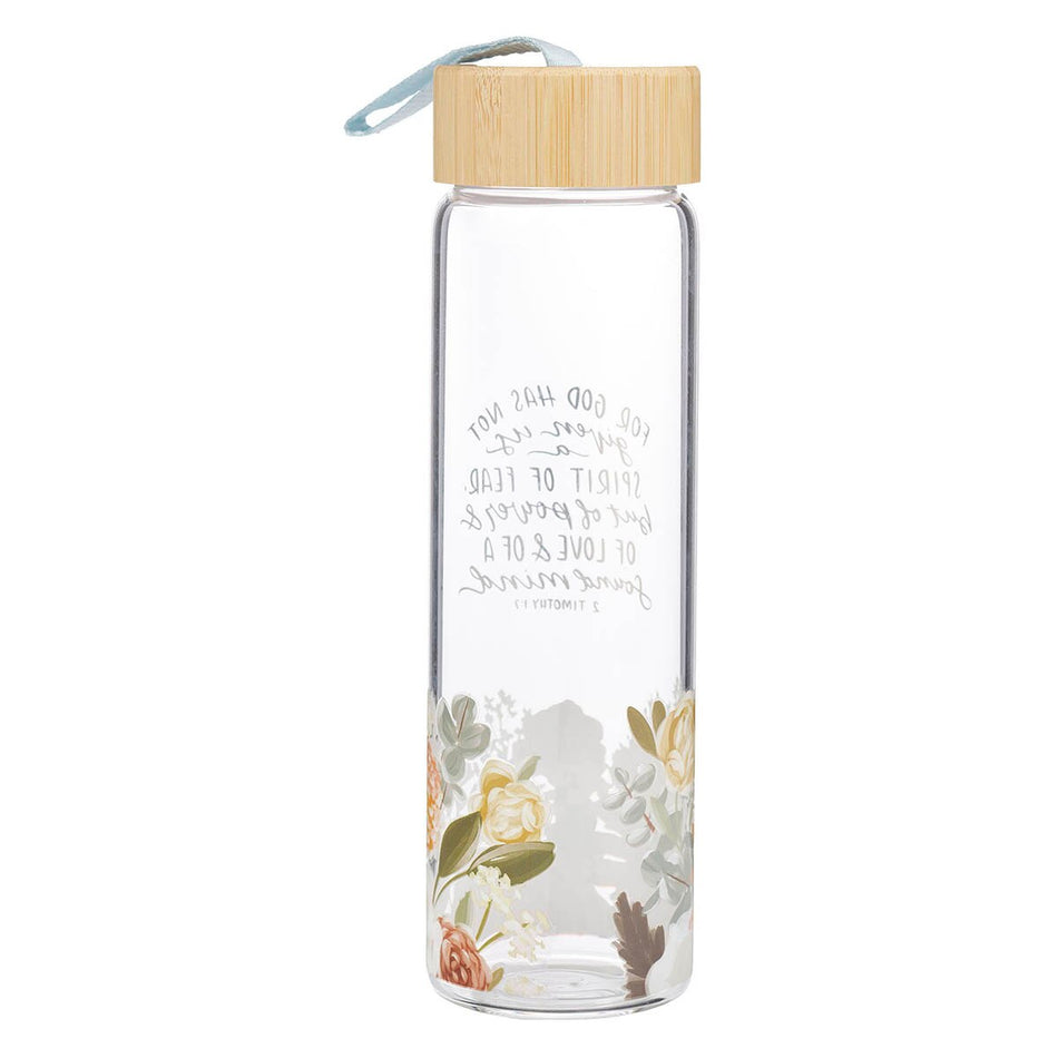 No Fear Pink Floral Glass Water Bottle with Bamboo Lid - 2 Timothy 1:7 by Christian Art Gifts, product view 2