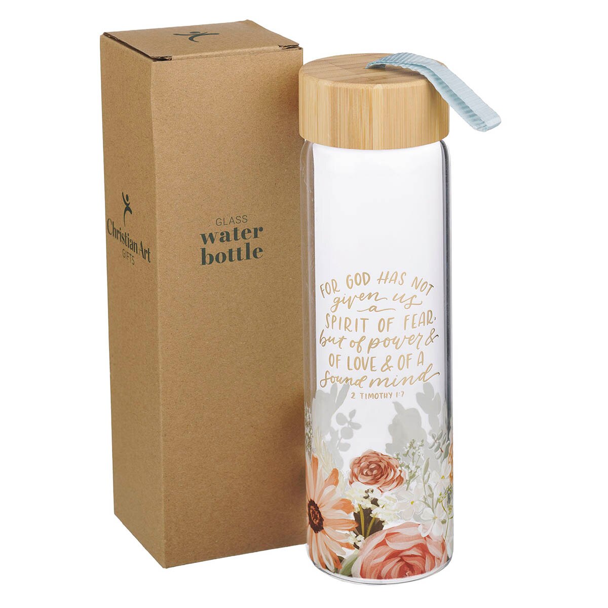 No Fear Pink Floral Glass Water Bottle with Bamboo Lid - 2 Timothy 1:7 by Christian Art Gifts, product view 3