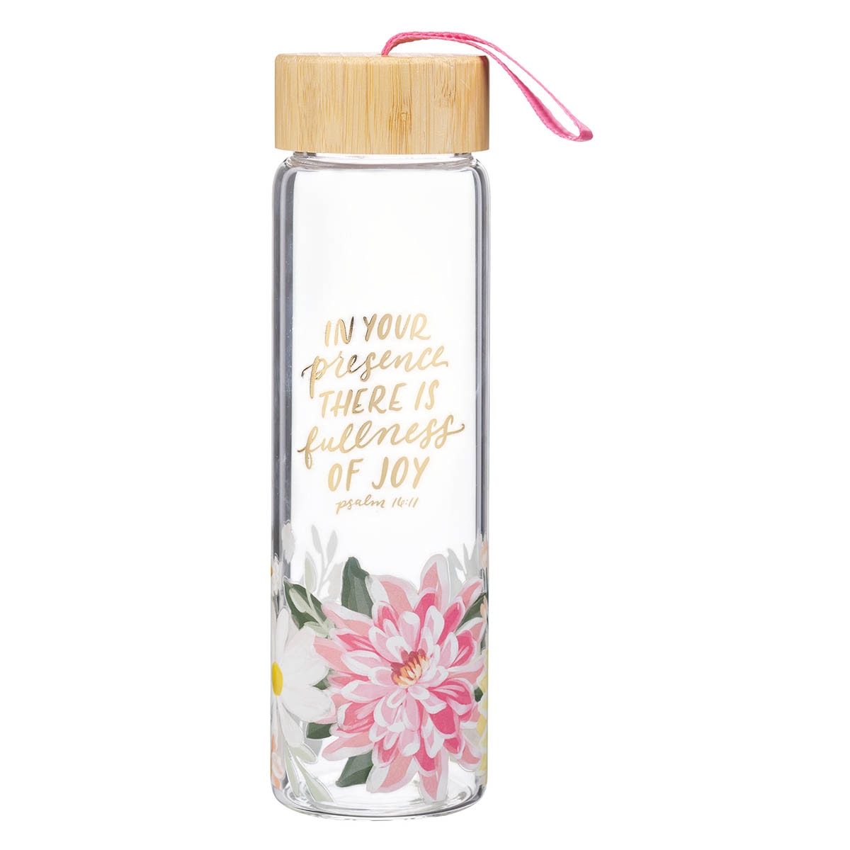Fullness of Joy Pink Floral Glass Water Bottle with Bamboo Lid - Psalm 16:11 by Christian Art Gifts