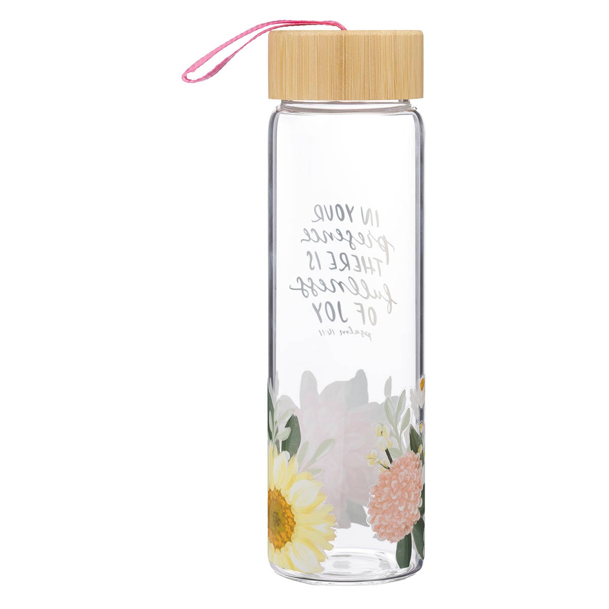 Fullness of Joy Pink Floral Glass Water Bottle with Bamboo Lid - Psalm 16:11 by Christian Art Gifts, product view 2