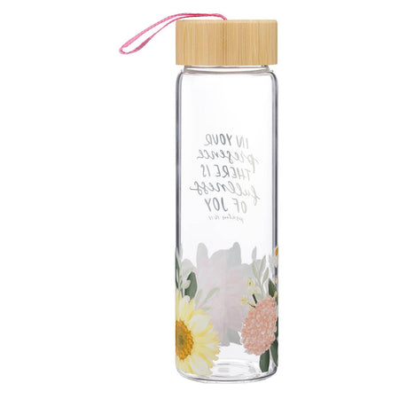 Fullness of Joy Pink Floral Glass Water Bottle with Bamboo Lid - Psalm 16:11 by Christian Art Gifts, product view 2