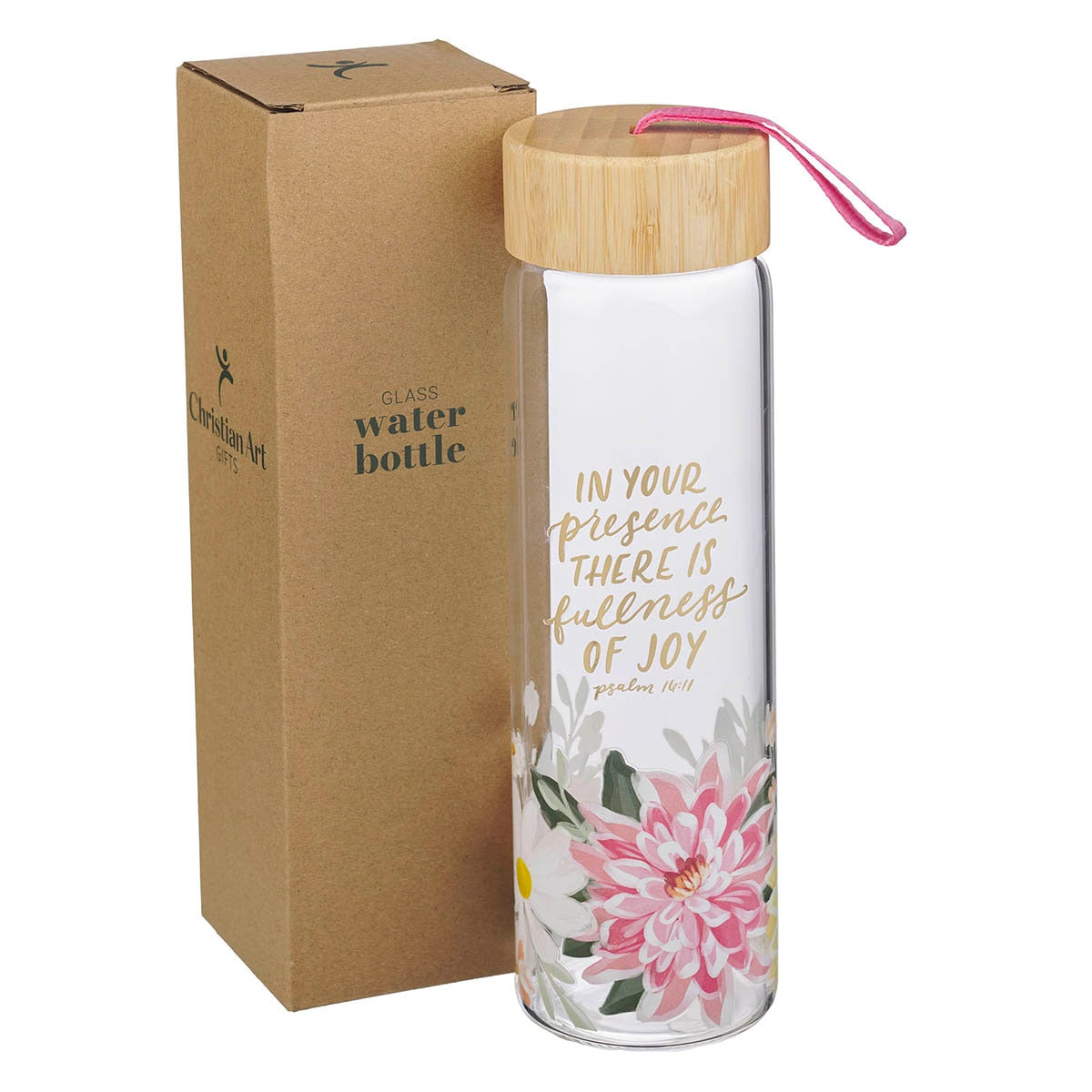 Fullness of Joy Pink Floral Glass Water Bottle with Bamboo Lid - Psalm 16:11 by Christian Art Gifts, product view 3