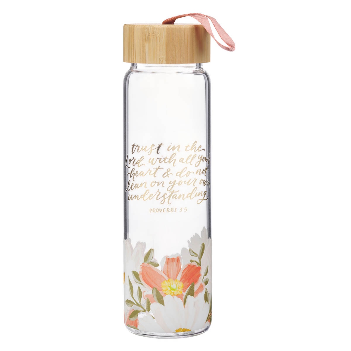 Trust in the Lord Orange Floral Glass Water Bottle with Bamboo Lid - Proverbs 3:5 by Christian Art Gifts