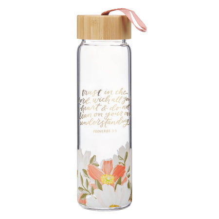 Trust in the Lord Orange Floral Glass Water Bottle with Bamboo Lid - Proverbs 3:5 by Christian Art Gifts