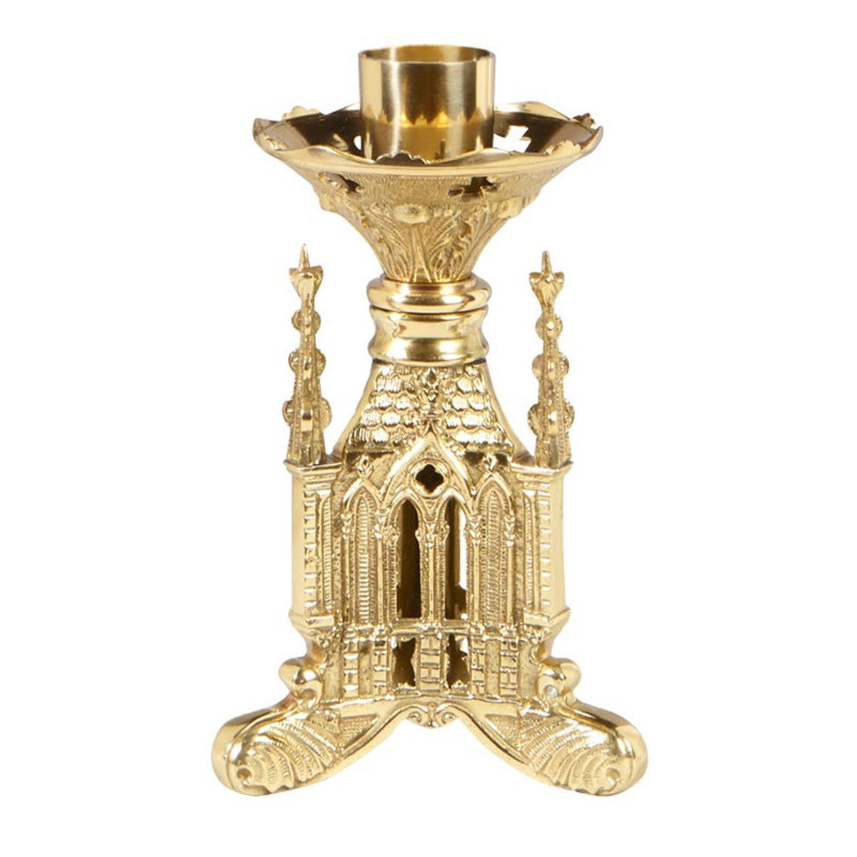 San Pietro Brass 8-3/4" Tall Altar Candlestick, one of the items in the San Pietro Altar Candlesticks, Pair, with 7/8-Inch Beeswax Candles and Followers. A photograph of the assembled set is pending.
