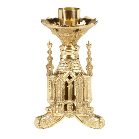 San Pietro Brass 8-3/4" Tall Altar Candlestick, one of the items in the San Pietro Altar Candlesticks, Pair, with 7/8-Inch Beeswax Candles and Followers. A photograph of the assembled set is pending.