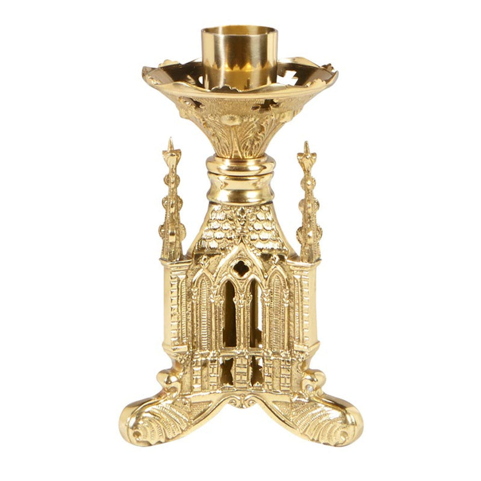 San Pietro Brass 8-3/4" Tall Altar Candlestick, one of the items in the San Pietro Altar Candlesticks, Pair, with 7/8-Inch Beeswax Candles and Followers. A photograph of the assembled set is pending.