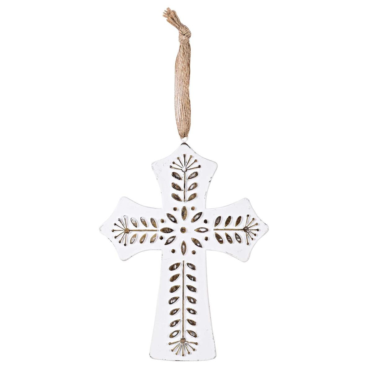 Raised Floral Detain Cross with Burlap Hanger by Dicksons, product view 2