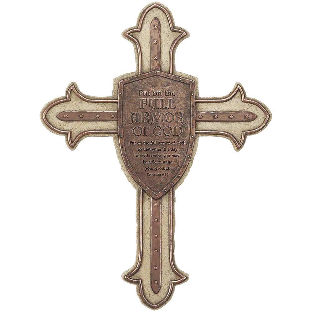 Full Armor of God Shield Brown 13 Inch Resin Stone Wall Cross by Dicksons