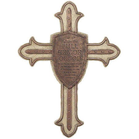 Full Armor of God Shield Brown 13 Inch Resin Stone Wall Cross by Dicksons