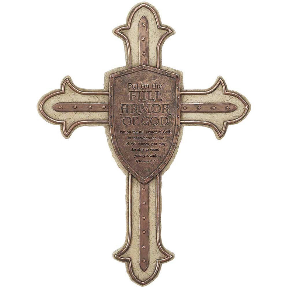Full Armor of God Shield Brown 13 Inch Resin Stone Wall Cross by Dicksons