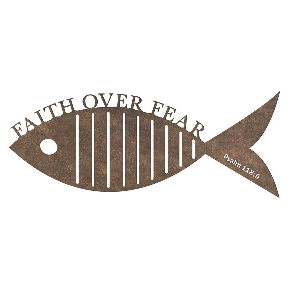 Faith Over Fear - Psalm 118:6-18 x 13 Inch Brown Metal Wall Hanging Fish by Dicksons