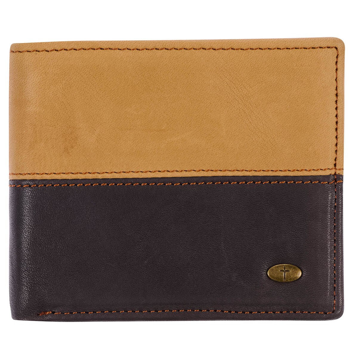 Two-tone Dark Brown and Camel Tan Leather Wallet with Cross Badge by Christian Art Gifts