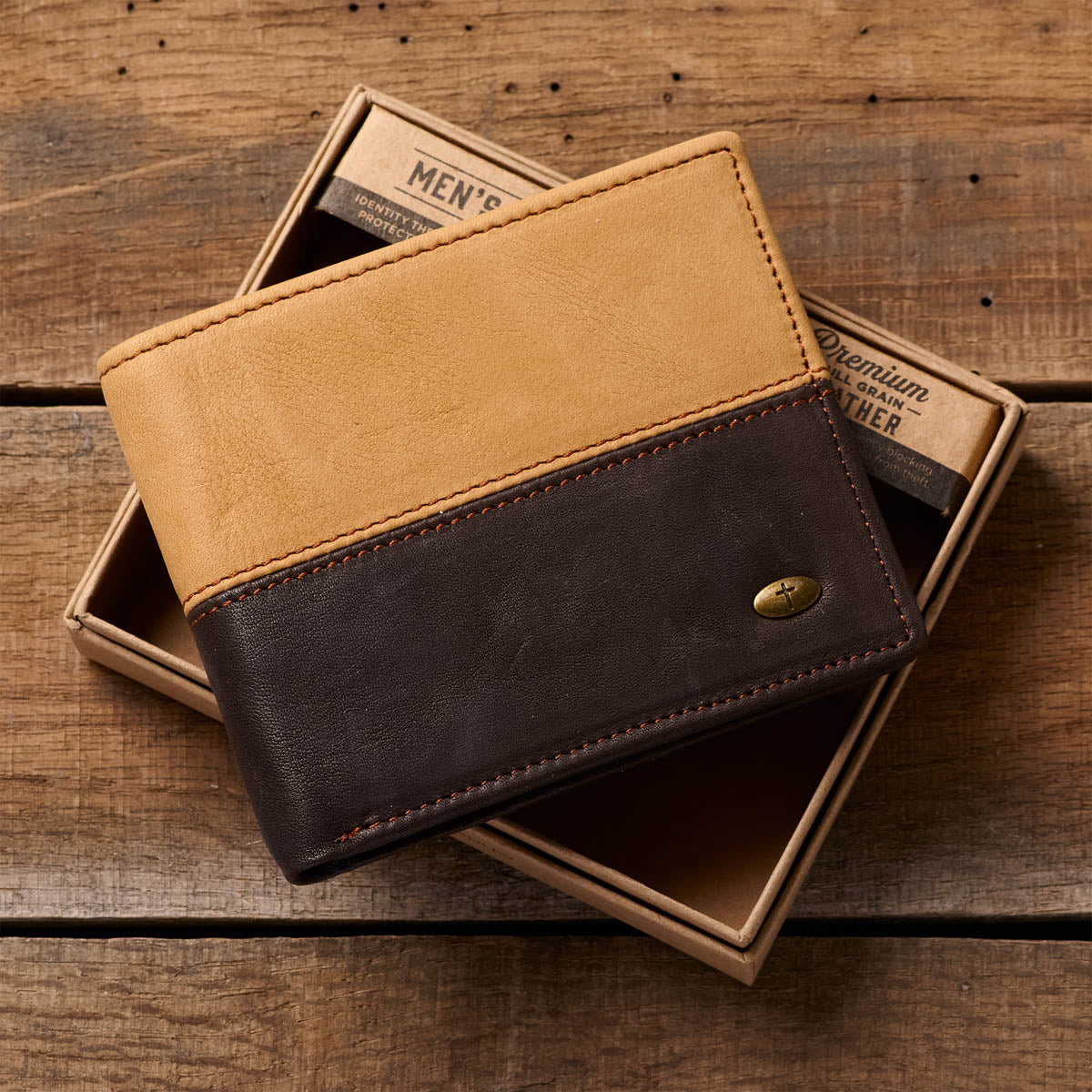 Two-tone Dark Brown and Camel Tan Leather Wallet with Cross Badge by Christian Art Gifts, product view 2