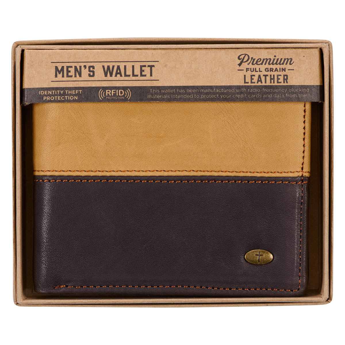 Two-tone Dark Brown and Camel Tan Leather Wallet with Cross Badge by Christian Art Gifts, product view 5
