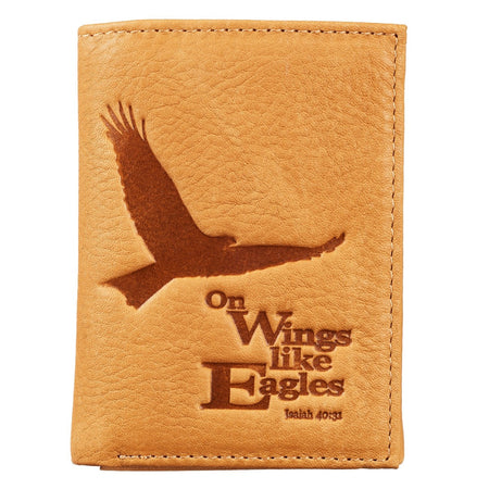 Wings Like Eagles Camel Tan Full Grain Leather Trifold Wallet by Christian Art Gifts