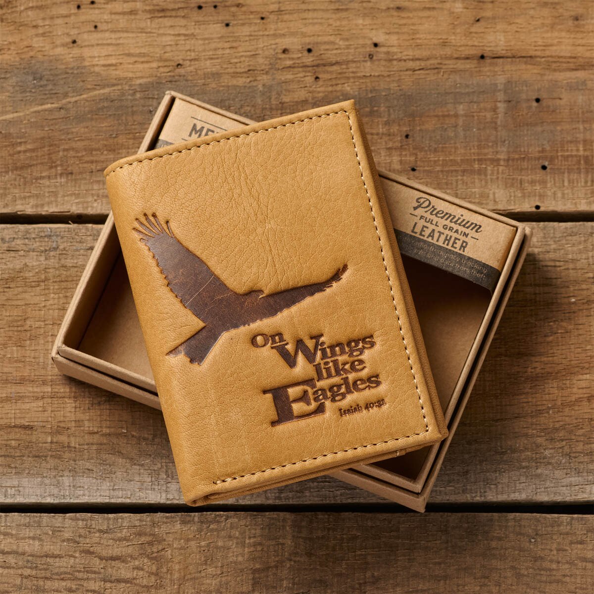 Wings Like Eagles Camel Tan Full Grain Leather Trifold Wallet by Christian Art Gifts, product view 2