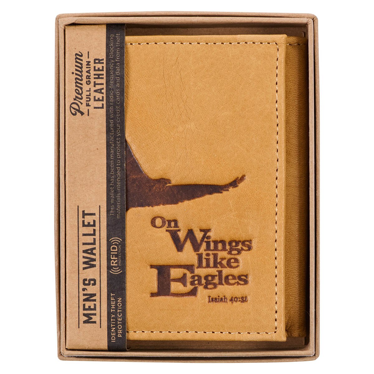 Wings Like Eagles Camel Tan Full Grain Leather Trifold Wallet by Christian Art Gifts, product view 3