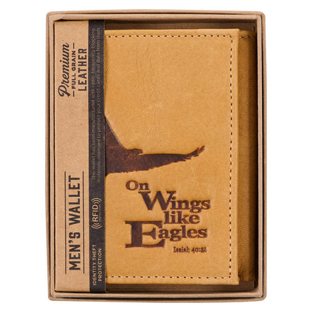 Wings Like Eagles Camel Tan Full Grain Leather Trifold Wallet by Christian Art Gifts, product view 3