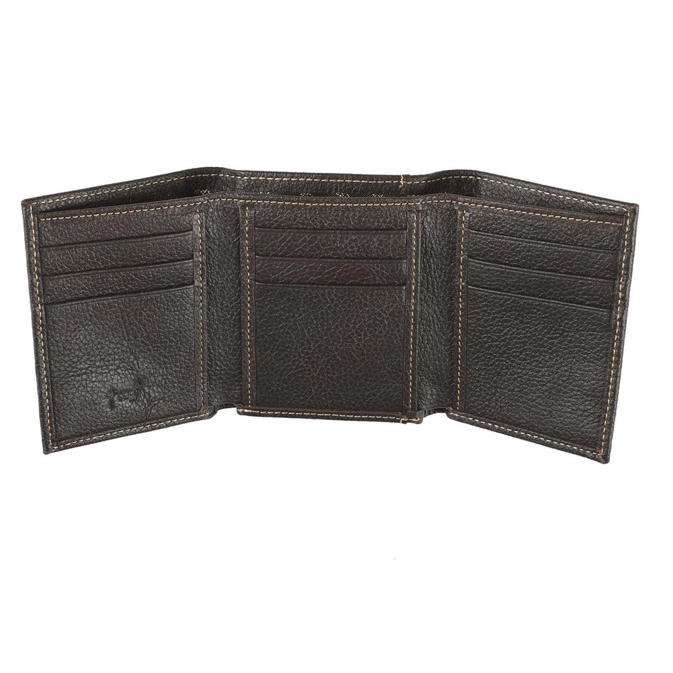 Three Crosses Espresso Brown Full Grain Leather Trifold Wallet by Christian Art Gifts, product view 2