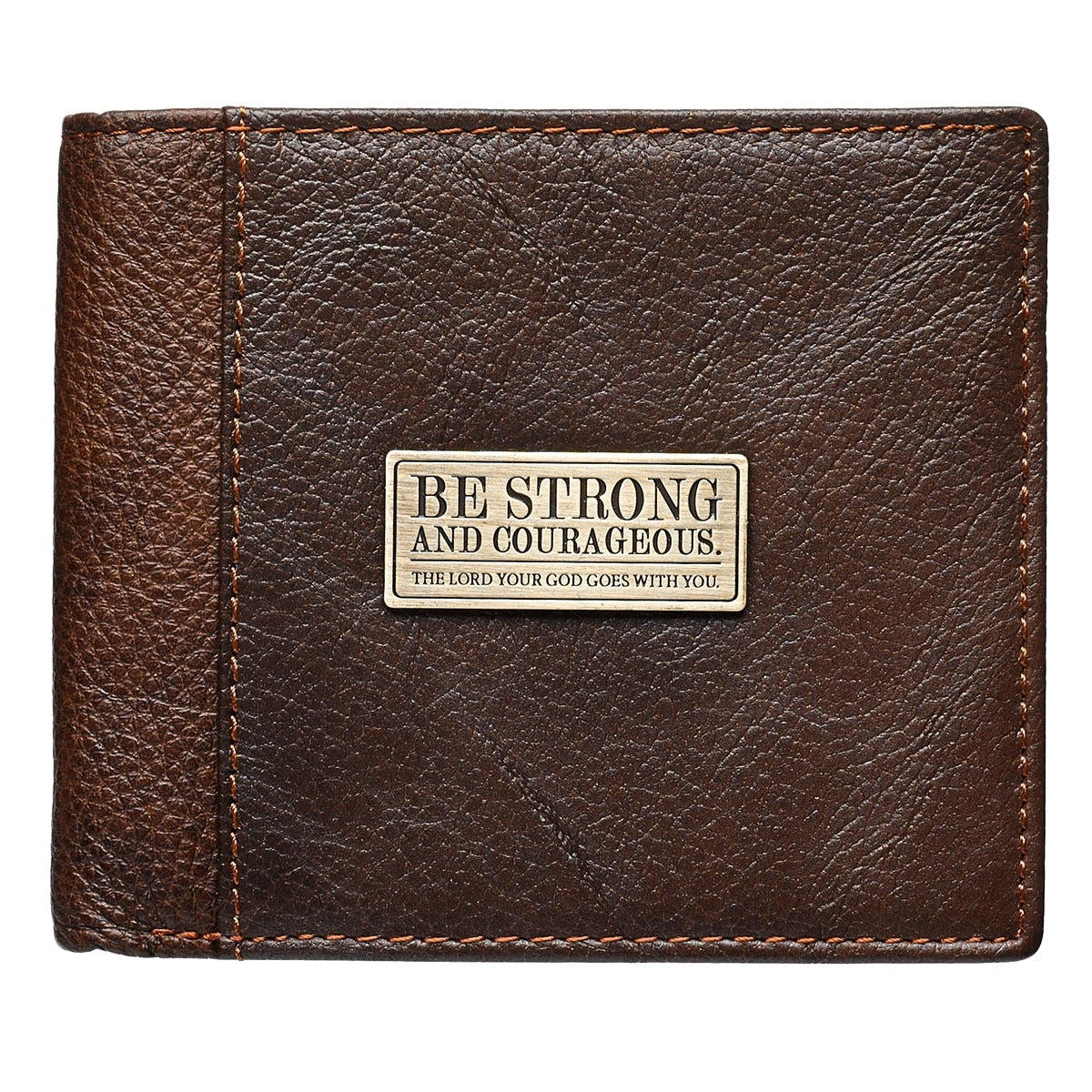 Strong and Courageous Two-tone Brown Full Grain Leather Wallet - Joshua 1:9 by Christian Art Gifts