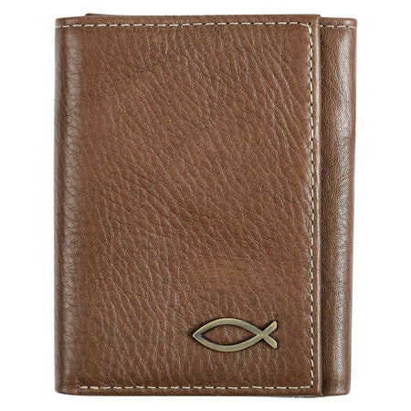 Ichthus Fish Brown Genuine Leather Trifold Wallet by Christian Art Gifts