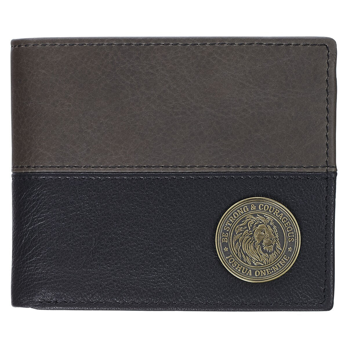Strong and Courageous Black and Brown Full Grain Leather Wallet with Metal Badge - Joshua 1:9 by Christian Art Gifts