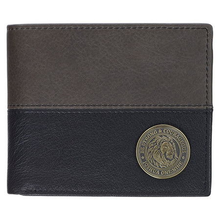Strong and Courageous Black and Brown Full Grain Leather Wallet with Metal Badge - Joshua 1:9 by Christian Art Gifts